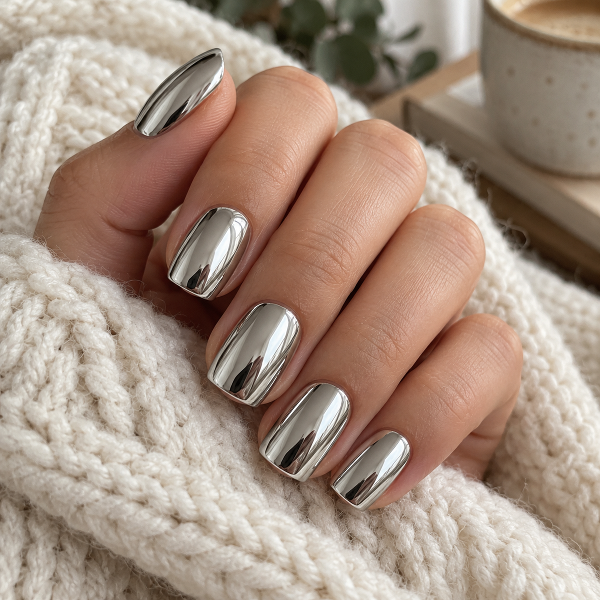 Chrome painted nails resting on a knit blanket