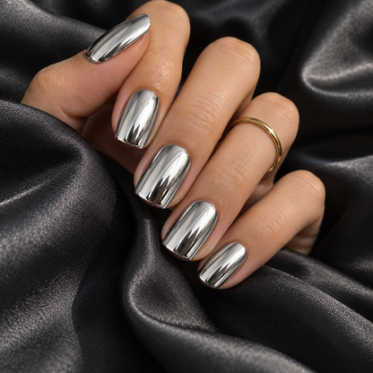 Mirror chrome nails on black silk