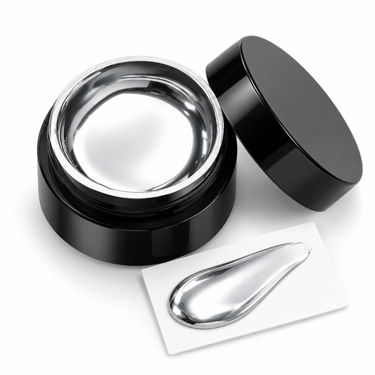 Mirror silver chrome gel polish jar with a fully painted chrome nail