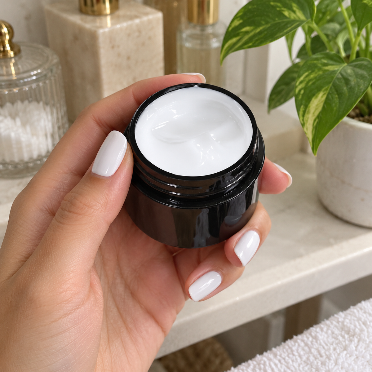 Hands with white chrome gel nails beside the white jar