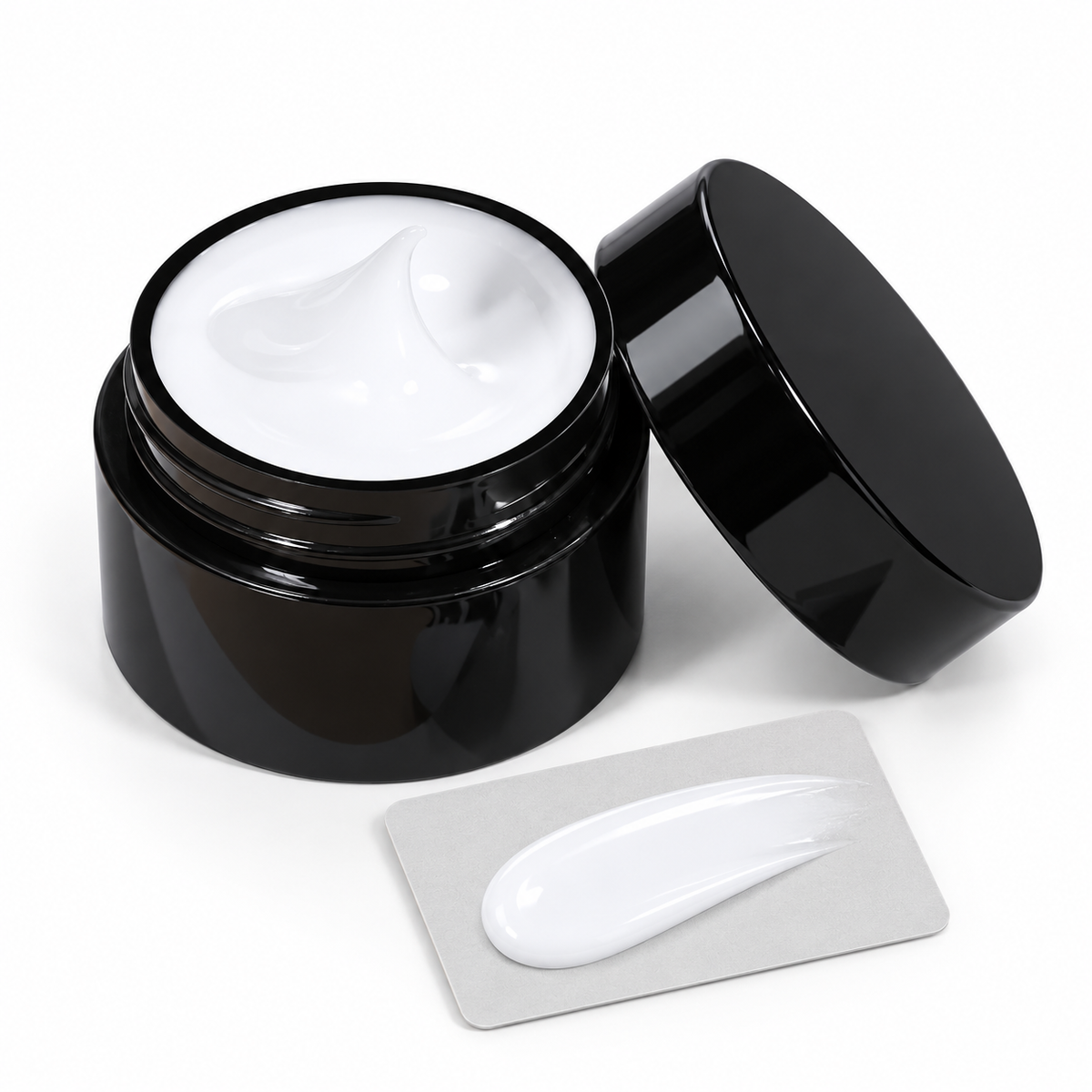 White chrome gel polish jar with a fully painted white nail
