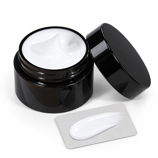 White chrome gel polish jar with a fully painted white nail
