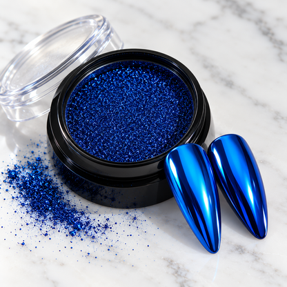 Blue mirror chrome nail powder pot with matching chrome nail tips