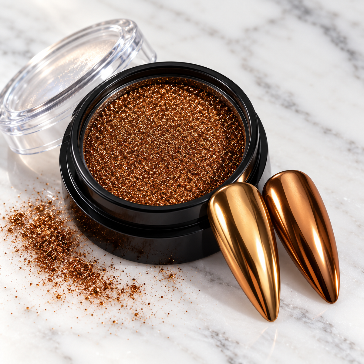 Bronze mirror chrome nail powder pot with matching chrome nail tips