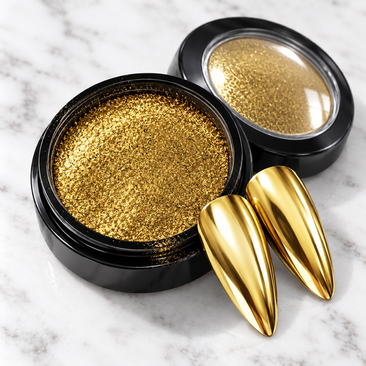 Gold mirror chrome nail powder pot with matching chrome nail tips