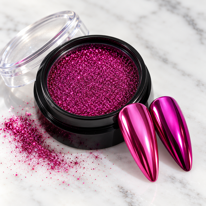 Magenta mirror chrome nail powder pot with matching chrome nail tips
