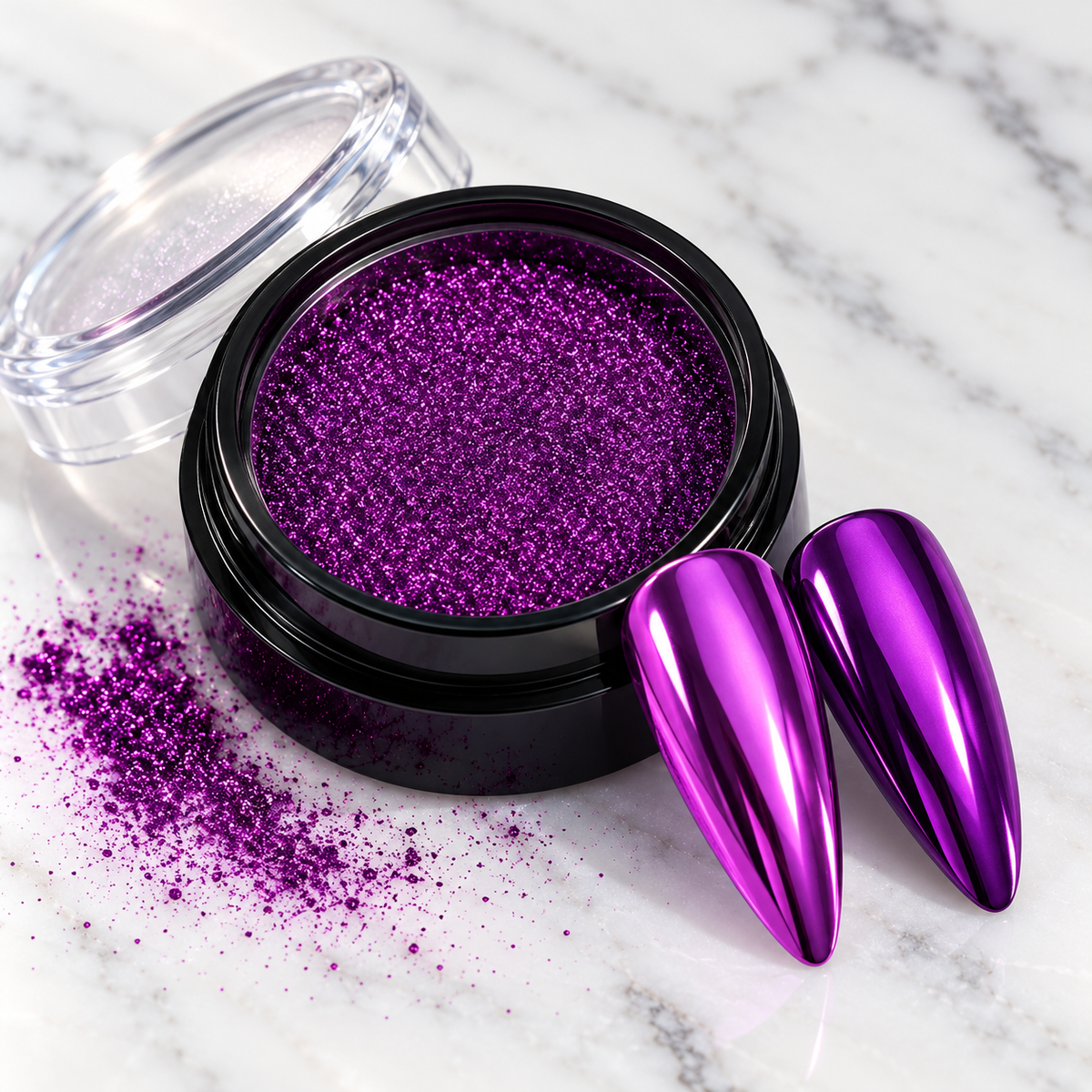 Purple mirror chrome nail powder pot with matching chrome nail tips
