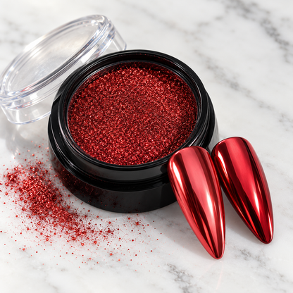 Red mirror chrome nail powder pot with matching chrome nail tips