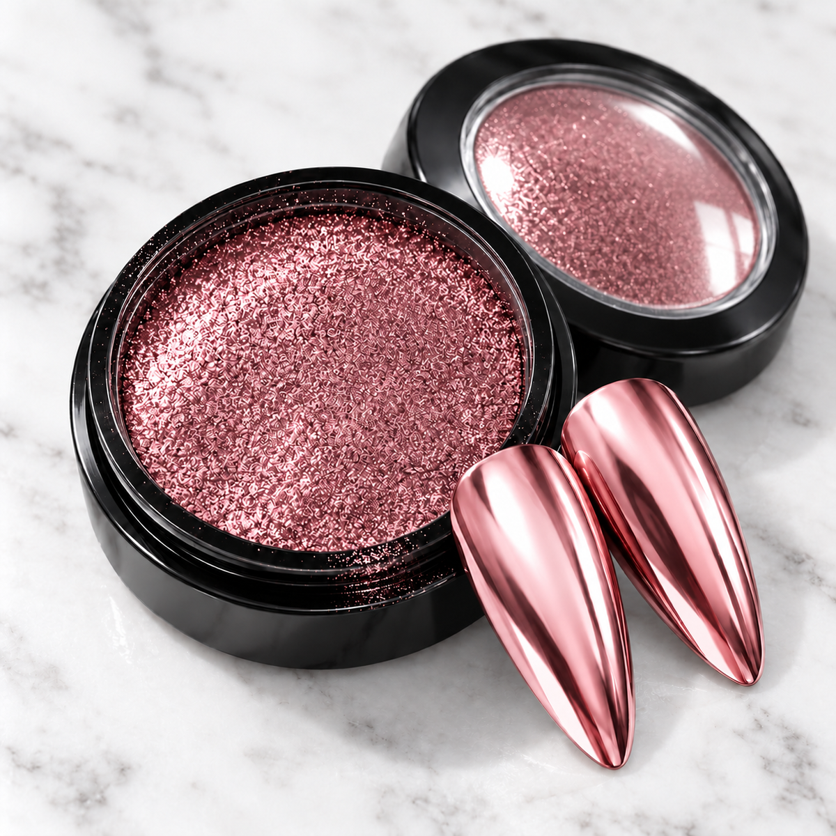 Rose gold mirror chrome nail powder pot with matching chrome nail tips