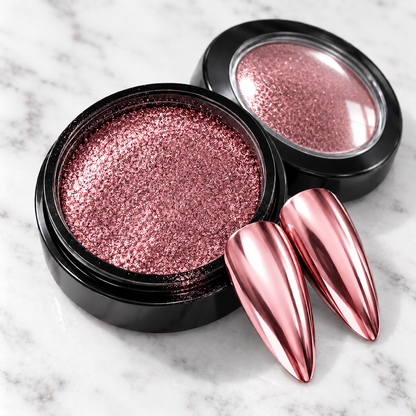 Rose gold mirror chrome nail powder pot with matching chrome nail tips