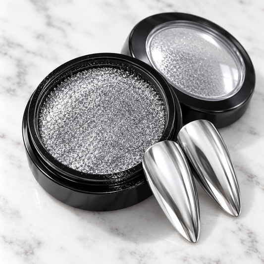 Silver mirror chrome nail powder pot with matching chrome nail tips