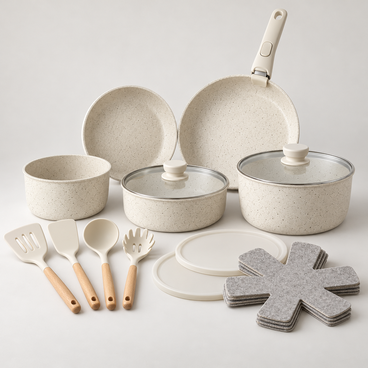 19-piece cream ceramic nonstick cookware set with detachable handle