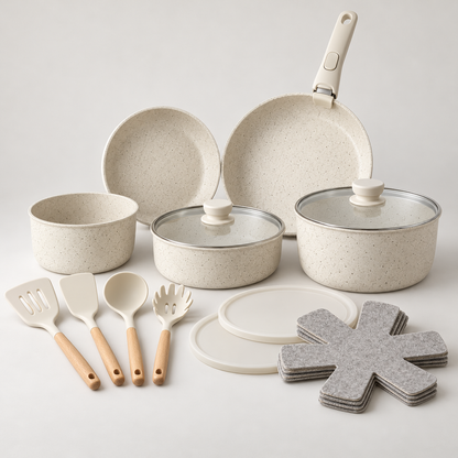 19-piece cream ceramic nonstick cookware set with detachable handle