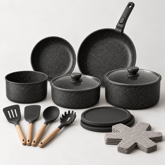 19-piece black ceramic nonstick cookware set with detachable handle