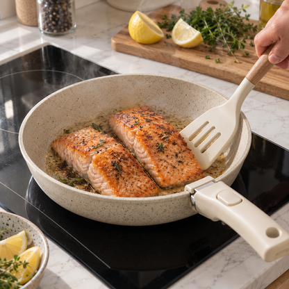 Salmon searing in the cream frying pan on an induction cooktop