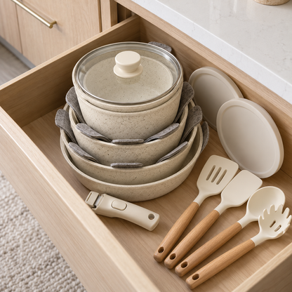 Full cream set nested into one stack in a kitchen drawer