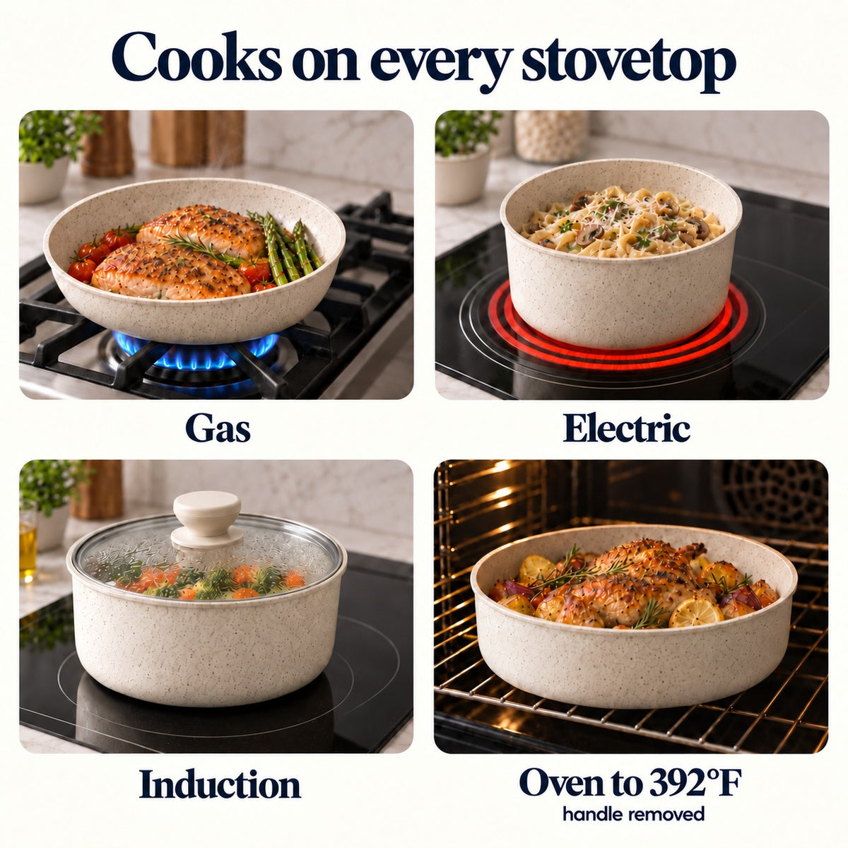 Works on gas, electric and induction, oven safe to 392 F with the handle removed