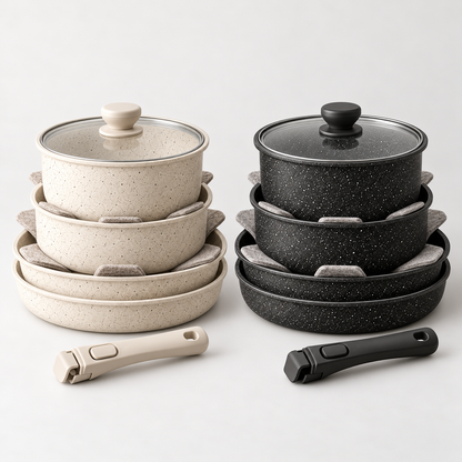 Cream and black cookware sets nested side by side
