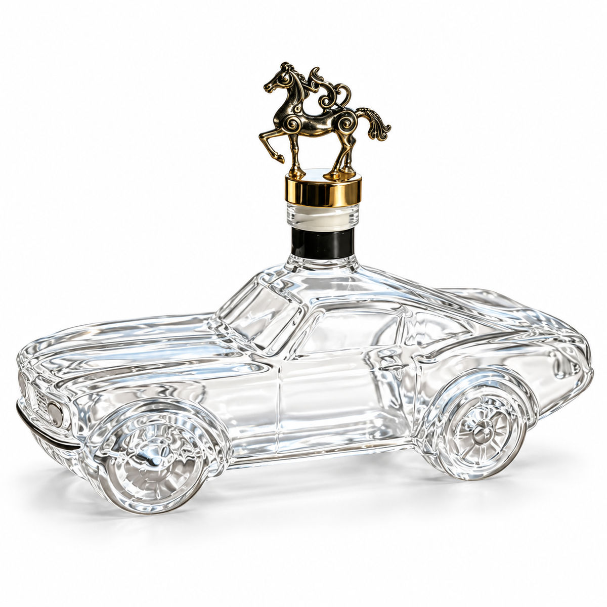Clear glass car shaped decanter with a gold horse stopper on a white background