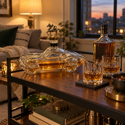 Car decanter on a dark wood bar cart with two glasses