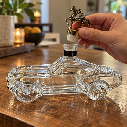 Hand holding the metal horse stopper of the car decanter