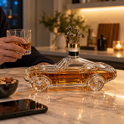 Car shaped glass decanter on a kitchen counter next to a freshly poured glass of whiskey
