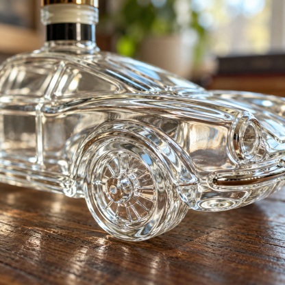 Close up of the glass wheels on the car decanter