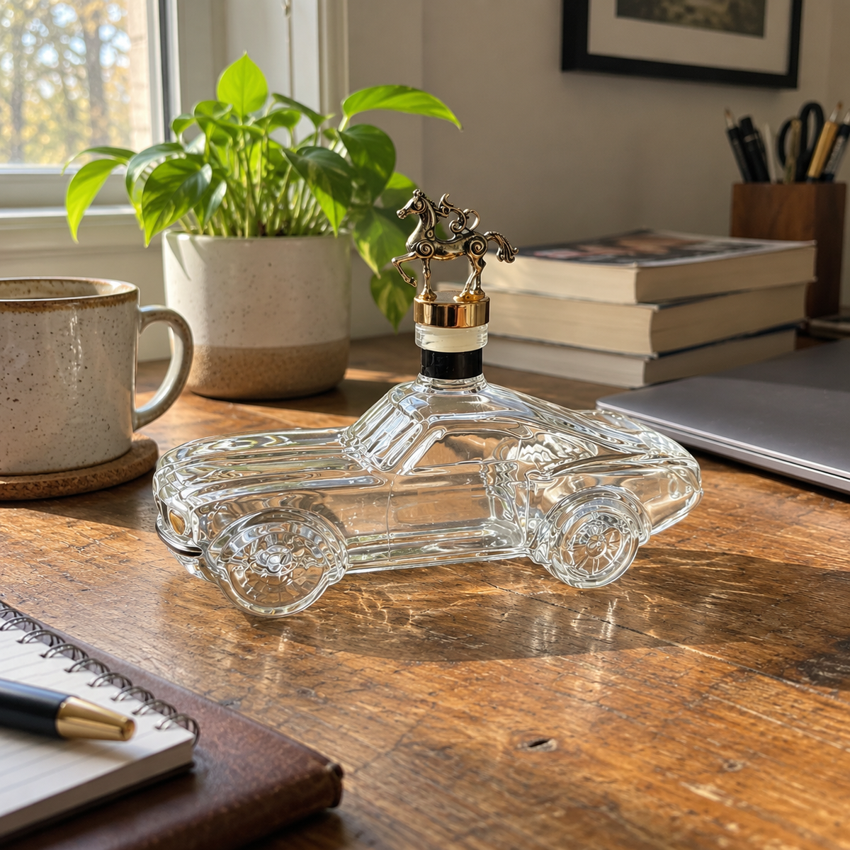 Car decanter on a home office desk next to a laptop