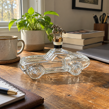Car decanter on a home office desk next to a laptop