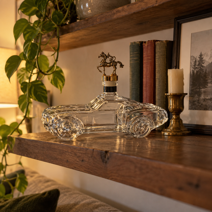 Car decanter on a floating shelf with books and a candle