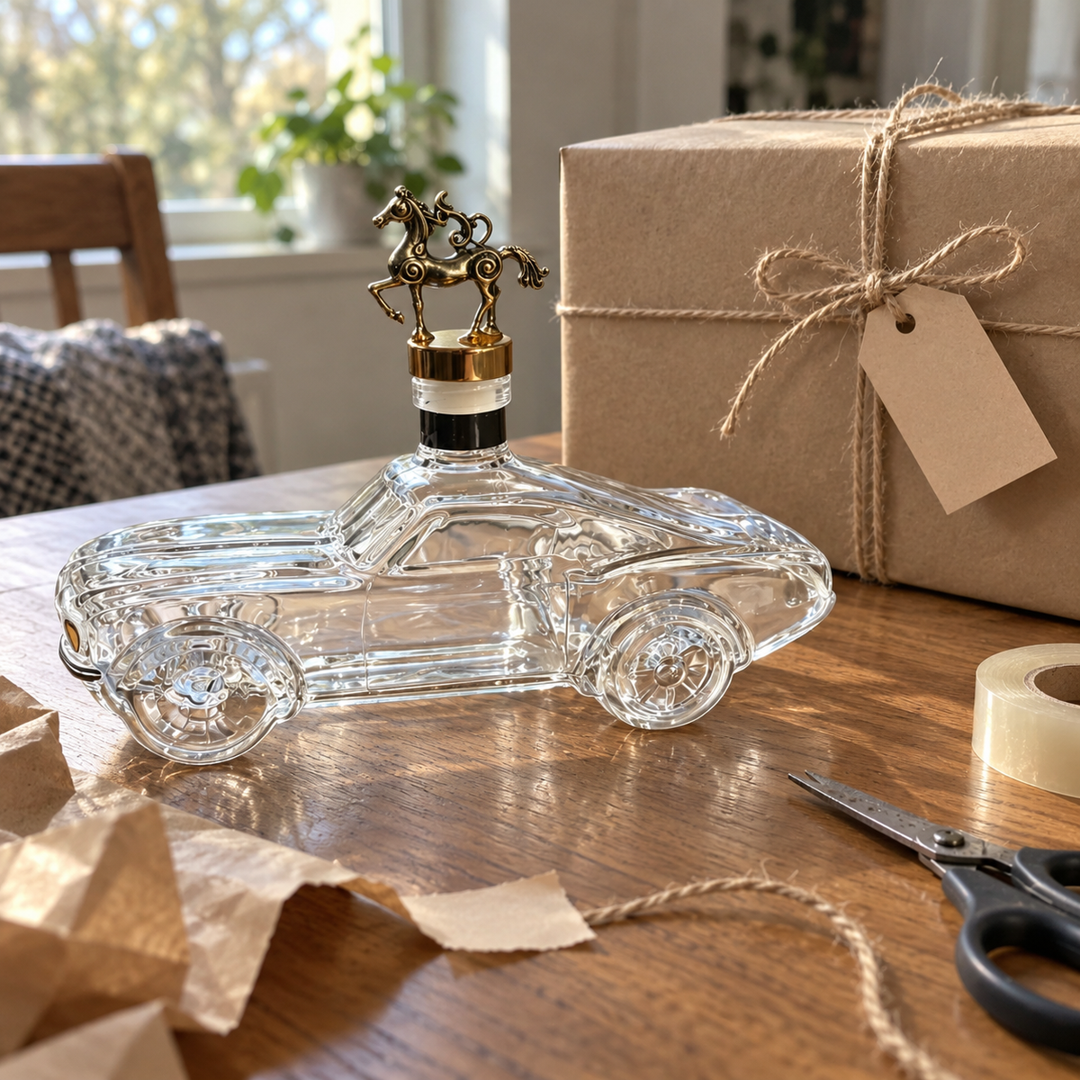 Car decanter beside a kraft gift box tied with twine