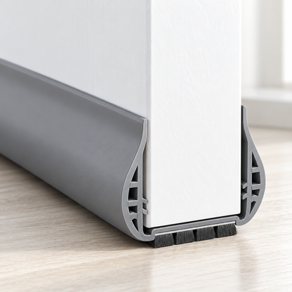 Gray under-door draft stopper fitted on a white door with a dark brush strip at the floor
