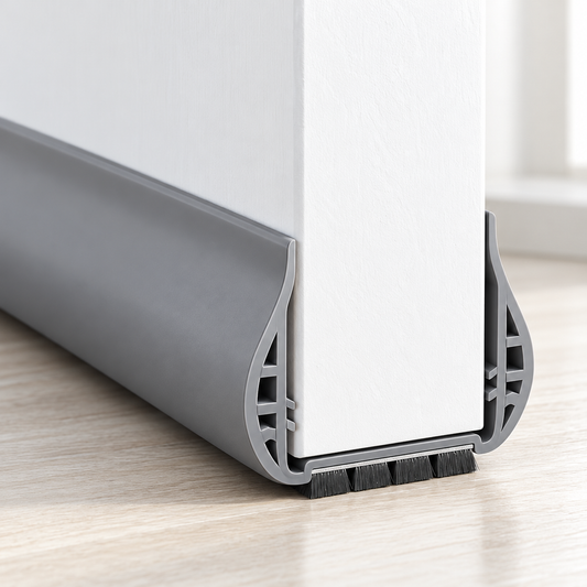 Gray under-door draft stopper fitted on a white door with a dark brush strip at the floor