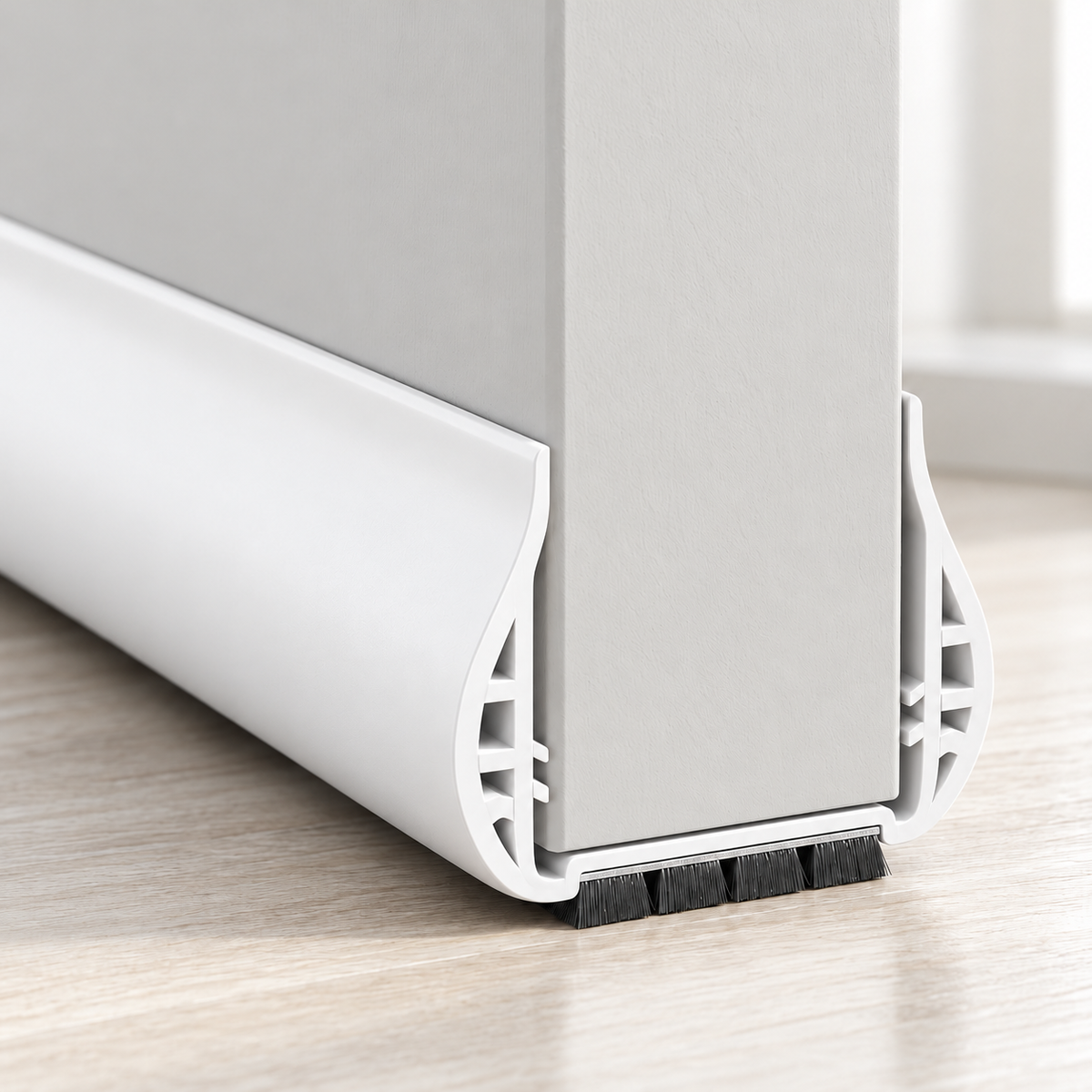 White under-door draft stopper fitted on a pale gray door with a dark brush strip at the floor