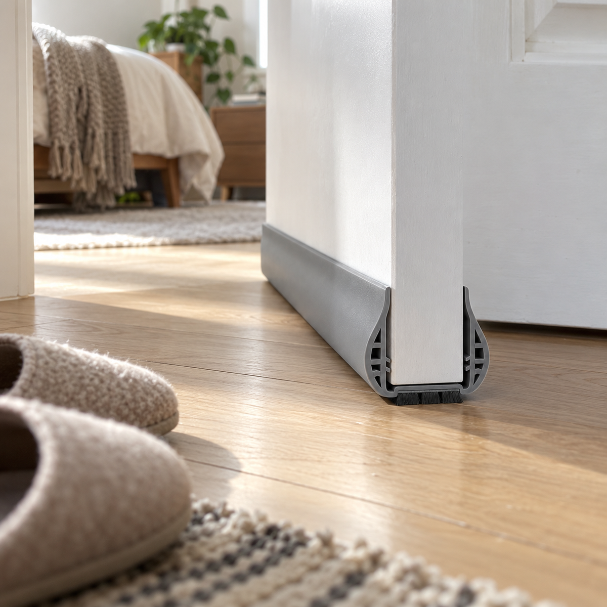 Gray draft stopper on a bedroom door with slippers and a rug in the foreground