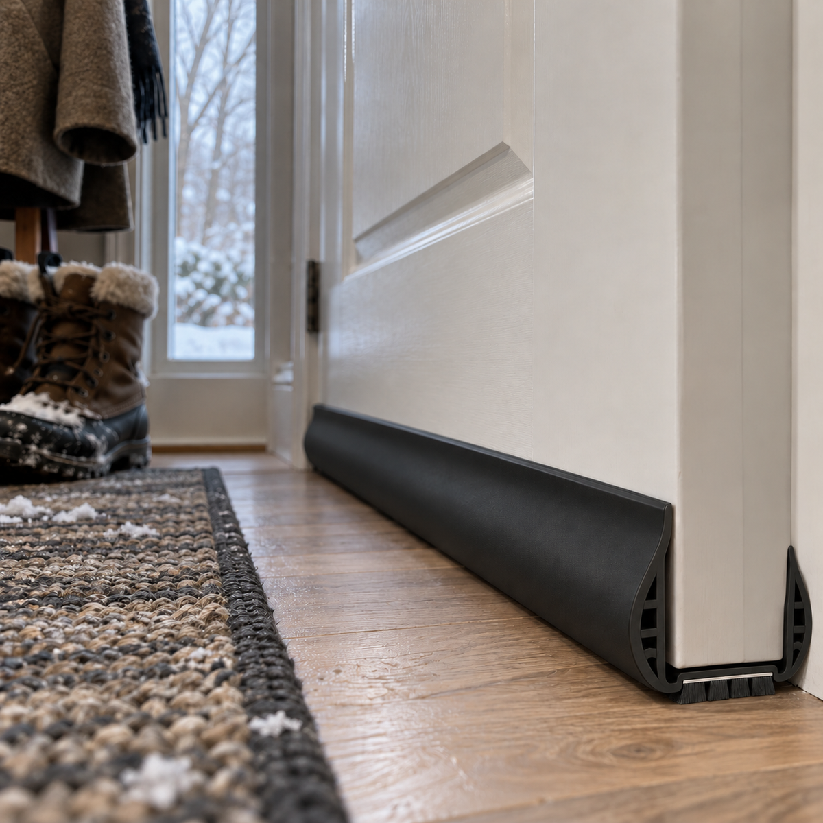Black draft stopper on a front entry door beside snow boots on a winter day