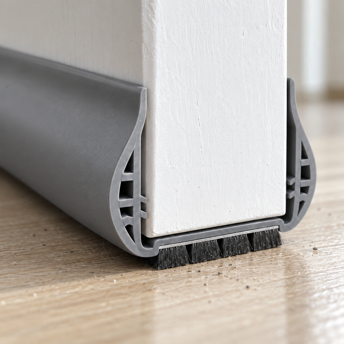 Close up of the dark brush strip meeting a hardwood floor