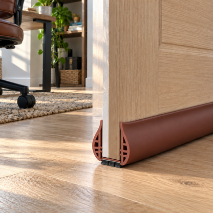 Brown draft stopper on a wood office door with a desk chair and rug in the room