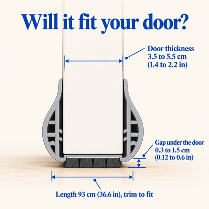 Infographic: fits doors 3.5 to 5.5 cm thick and gaps 0.3 to 1.5 cm