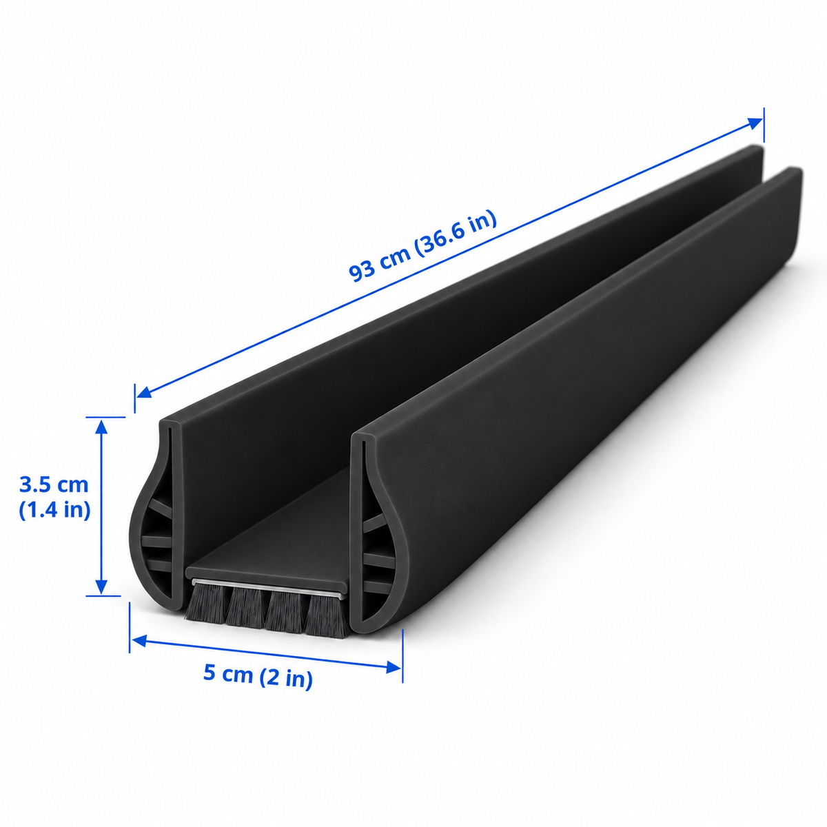 Size guide for the black door draft stopper: 93 cm long, 5 cm wide, 3.5 cm high