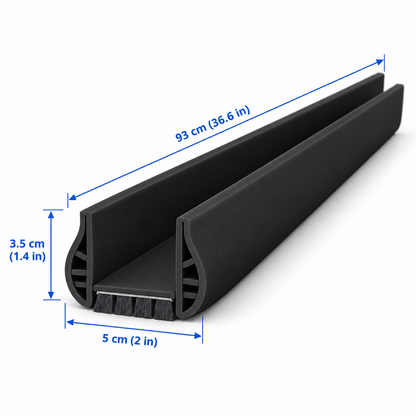 Size guide for the black door draft stopper: 93 cm long, 5 cm wide, 3.5 cm high