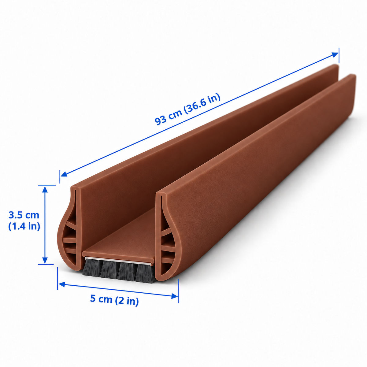 Size guide for the brown door draft stopper: 93 cm long, 5 cm wide, 3.5 cm high