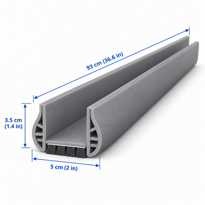 Size guide for the gray door draft stopper: 93 cm long, 5 cm wide, 3.5 cm high