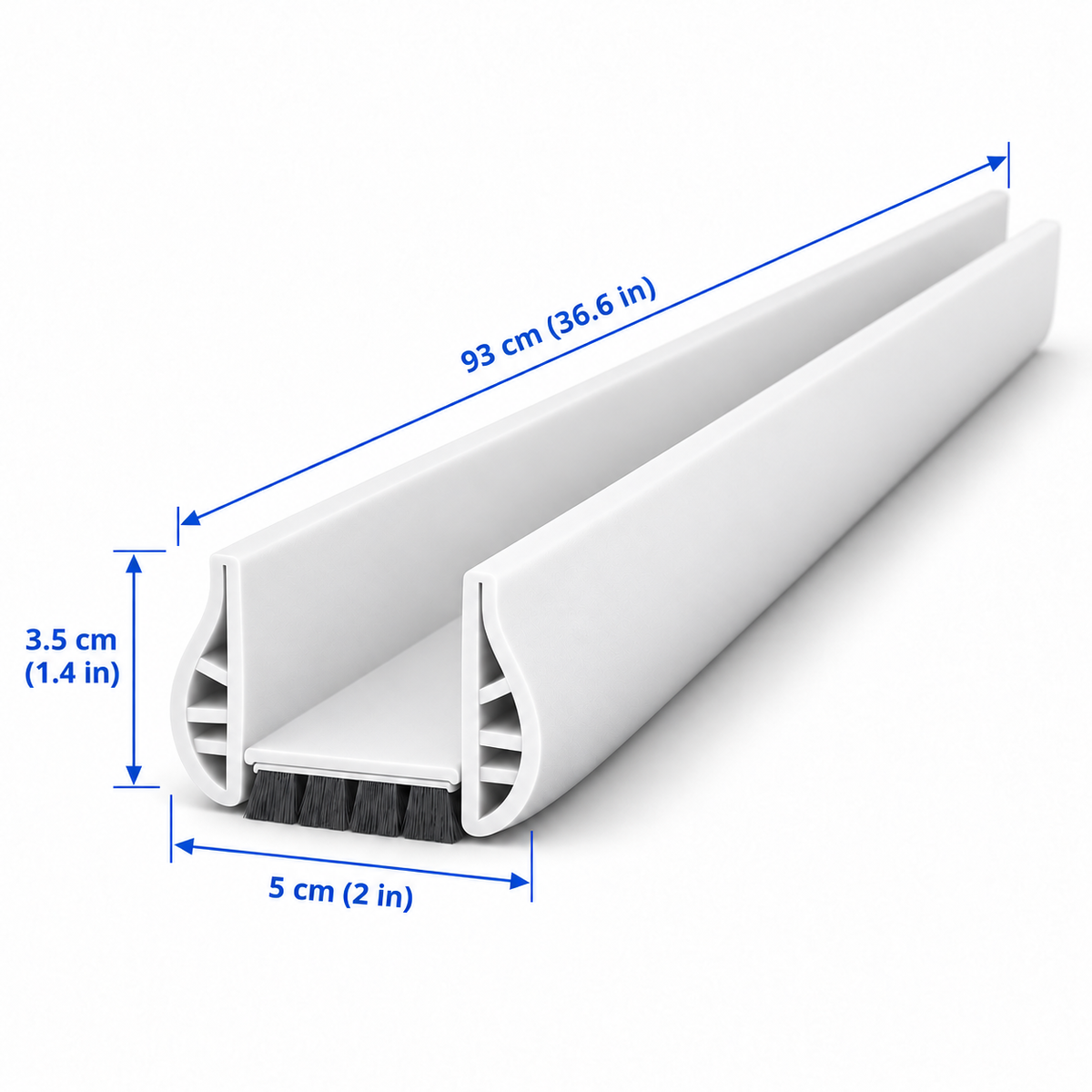 Size guide for the white door draft stopper: 93 cm long, 5 cm wide, 3.5 cm high
