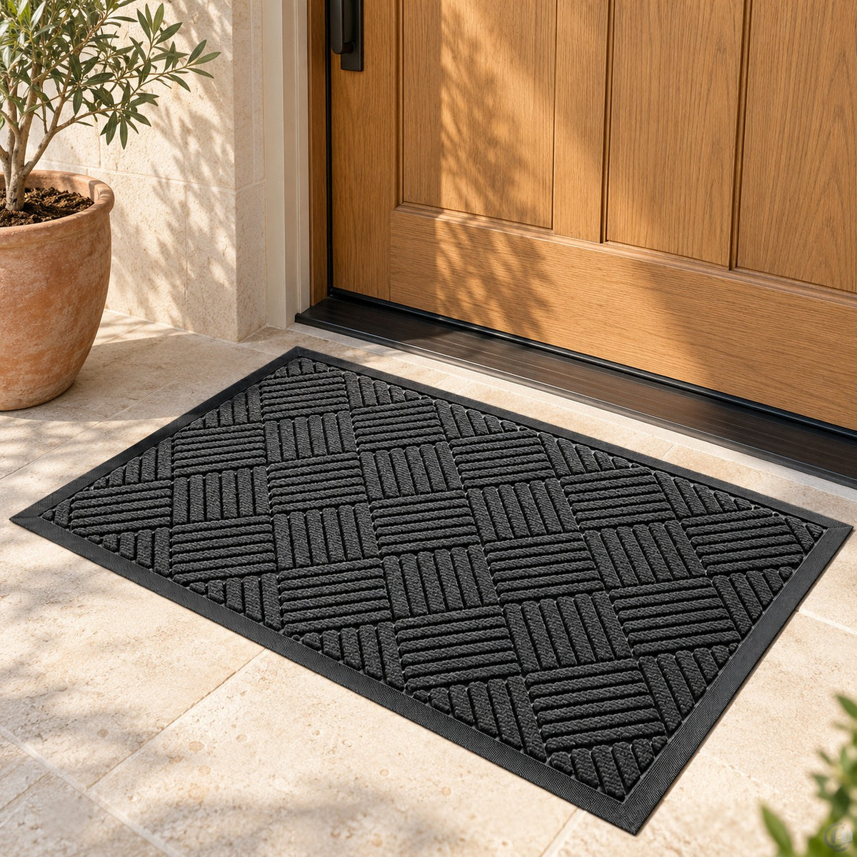 Black woven door mat at a front door