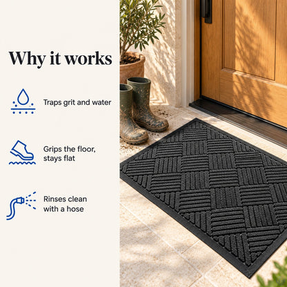 Why it works: traps grit and water, grips the floor, rinses clean with a hose