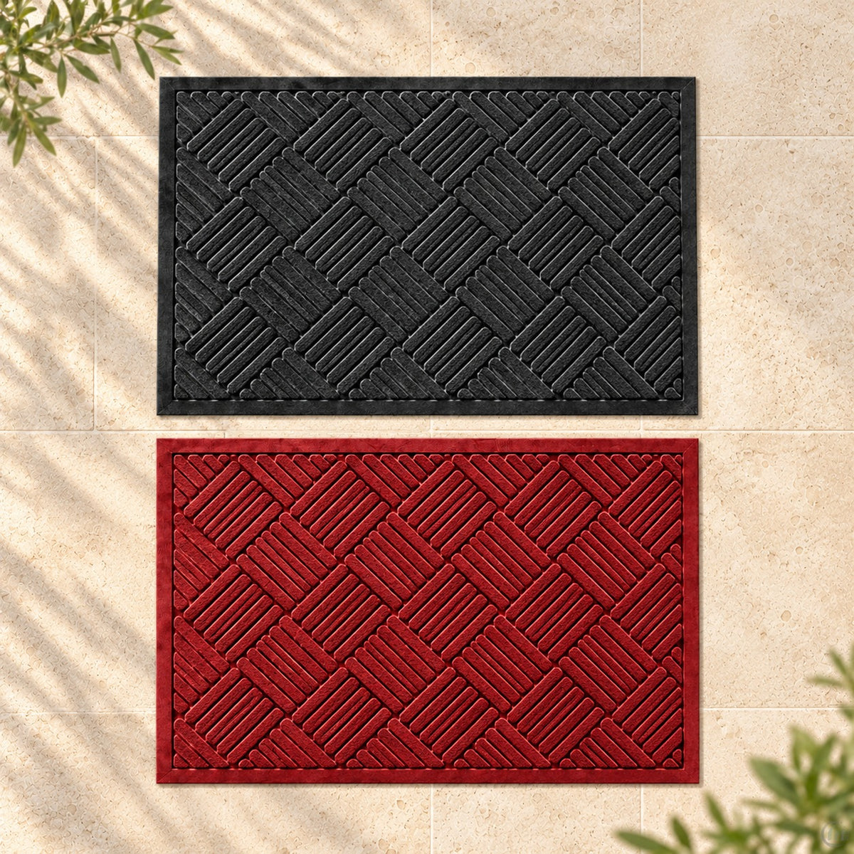 Black and red door mats side by side