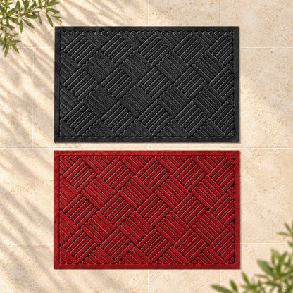 Black and red door mats side by side