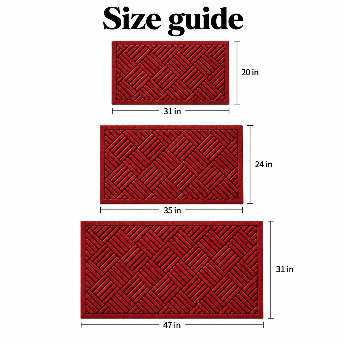 Door mat size guide, red: 20 x 31 in, 24 x 35 in, 31 x 47 in