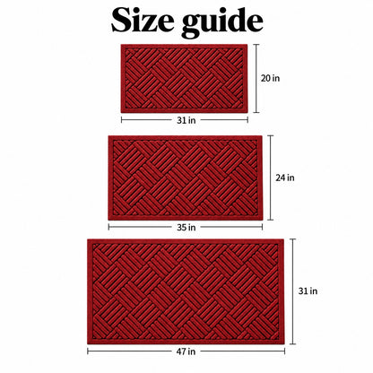 Door mat size guide, red: 20 x 31 in, 24 x 35 in, 31 x 47 in